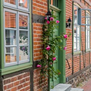 Ein rotes Fachwerkhaus mit grünen Fensterrahmen und einer Grünen Tür sowie Rosen neben der Tür.