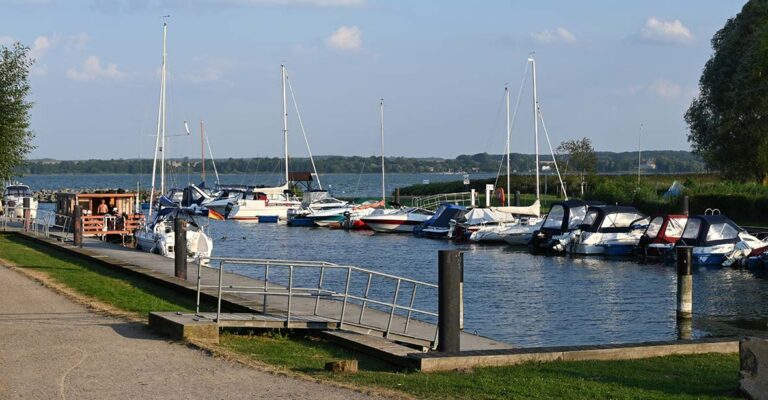 Ein Anleger mit mehreren kleinen Booten in Salem an der Peene.