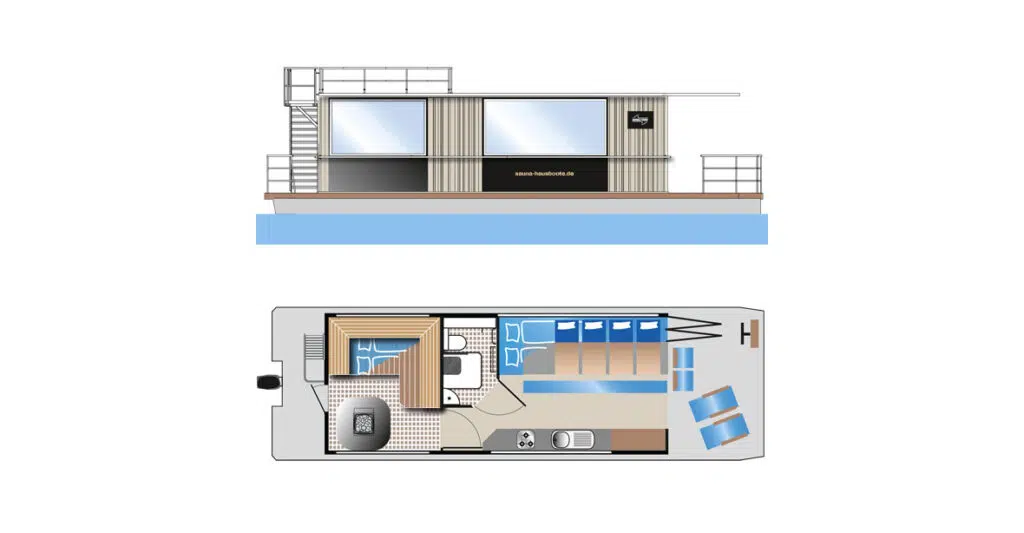 Grundriss und Seitenansicht des Saunahausbootes