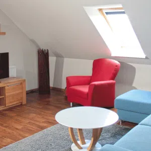 Wohnzimmer mit Dachfenster, Couch, Sessel und Fernseher
