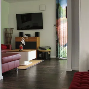 Blick auf das Wohnzimmer einer Ferienwohnung mit Fernseher mit Stereoanlage, Couch und Couchtisch