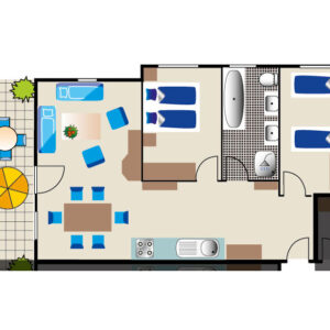 Grundriss einer Dreizimmer Ferienwohnung im Hafendorf Müritz