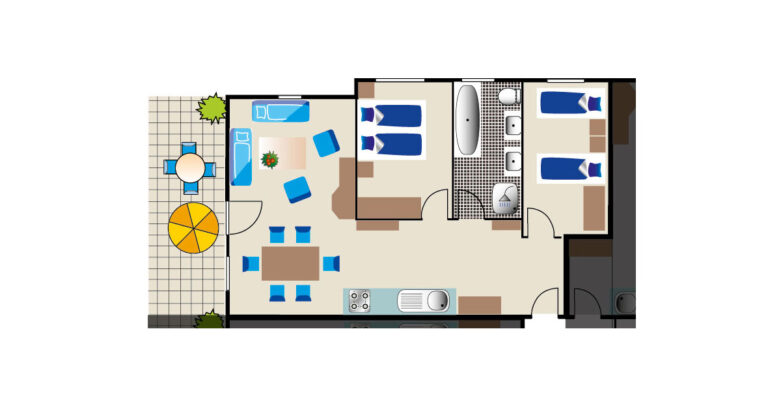 Grundriss einer Dreizimmer Ferienwohnung im Hafendorf Müritz